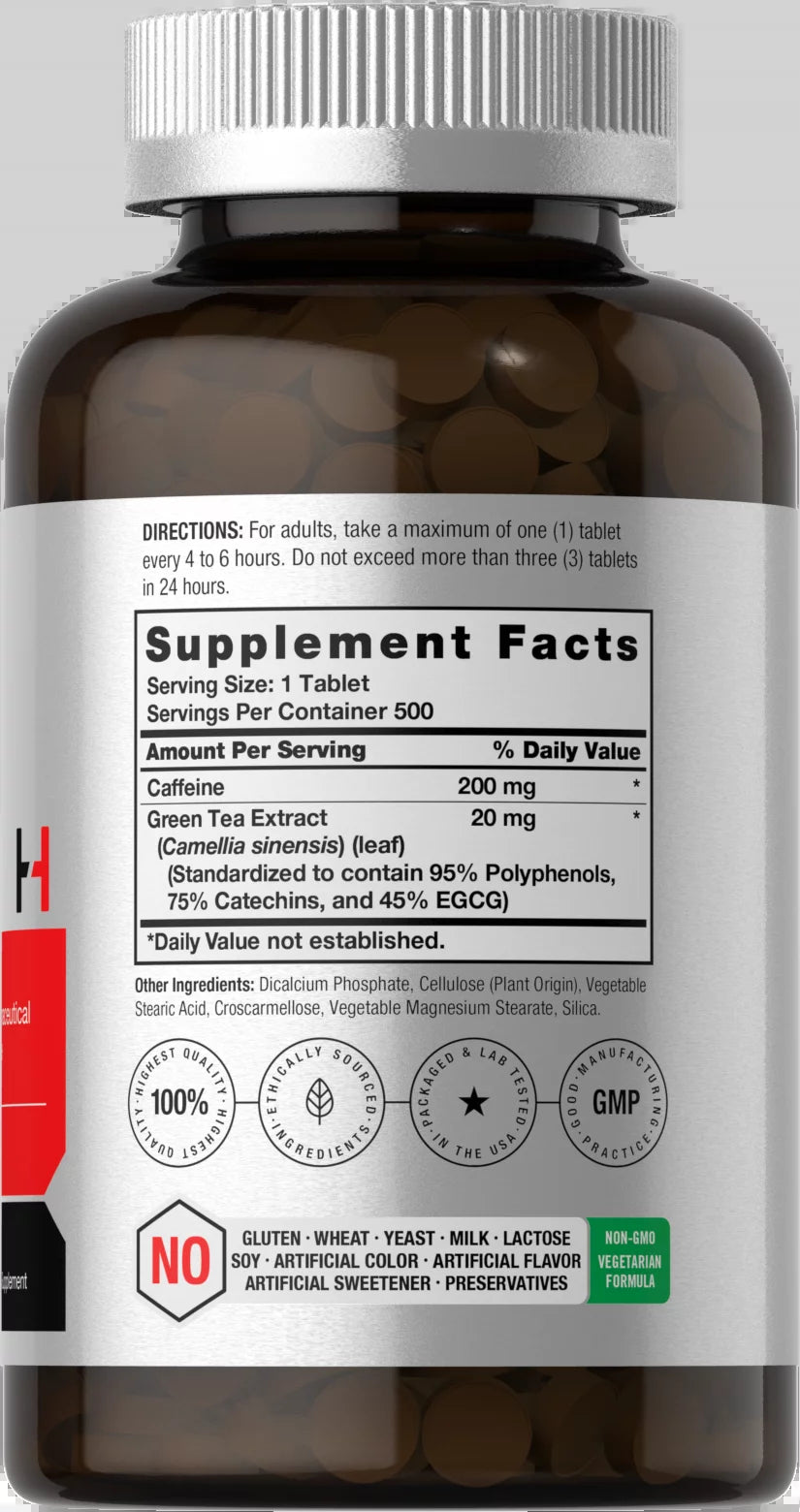 Caffeine Pills 220Mg with Green Tea | 500 Vegetarian Tablets for Men and Women | by