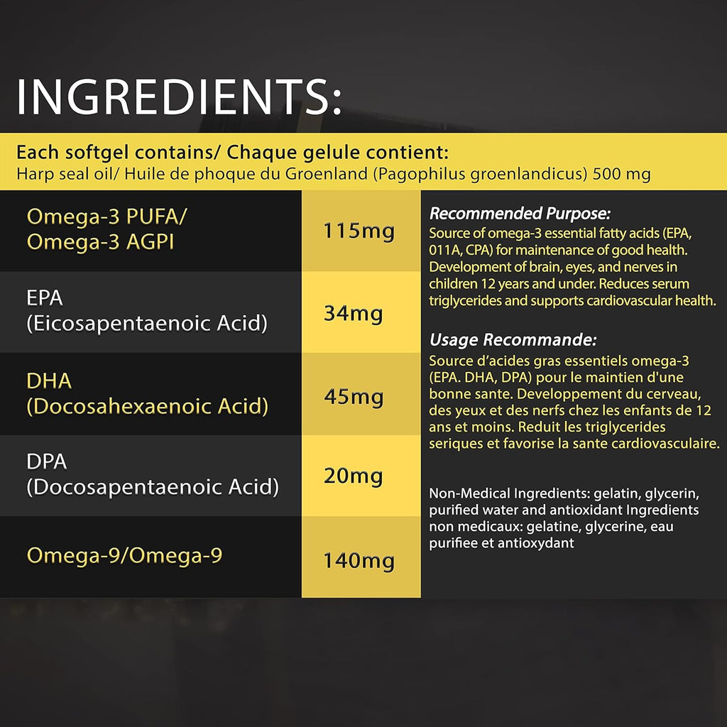 Easy to Swallow Harp Seal Oil Omega 3 6 9 by ® | Made in Canada | Rich Source of EPA, DHA, & DPA for Good Health | Chemical-Free, Non-Gmo | 500Mg - 240 Softgels