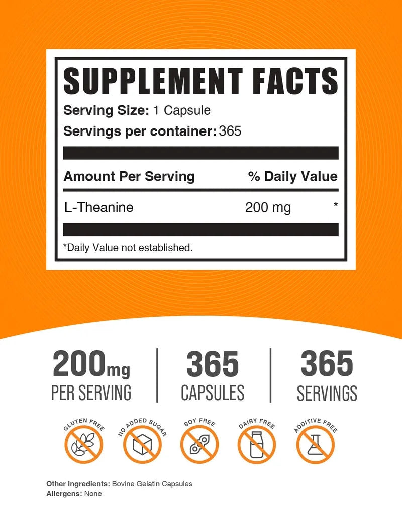 Bulksupplements L-Theanine Capsules - Theanine Supplement, Amino Acid Supplement - 1 Capsule per Serving (200Mg), 365 Count