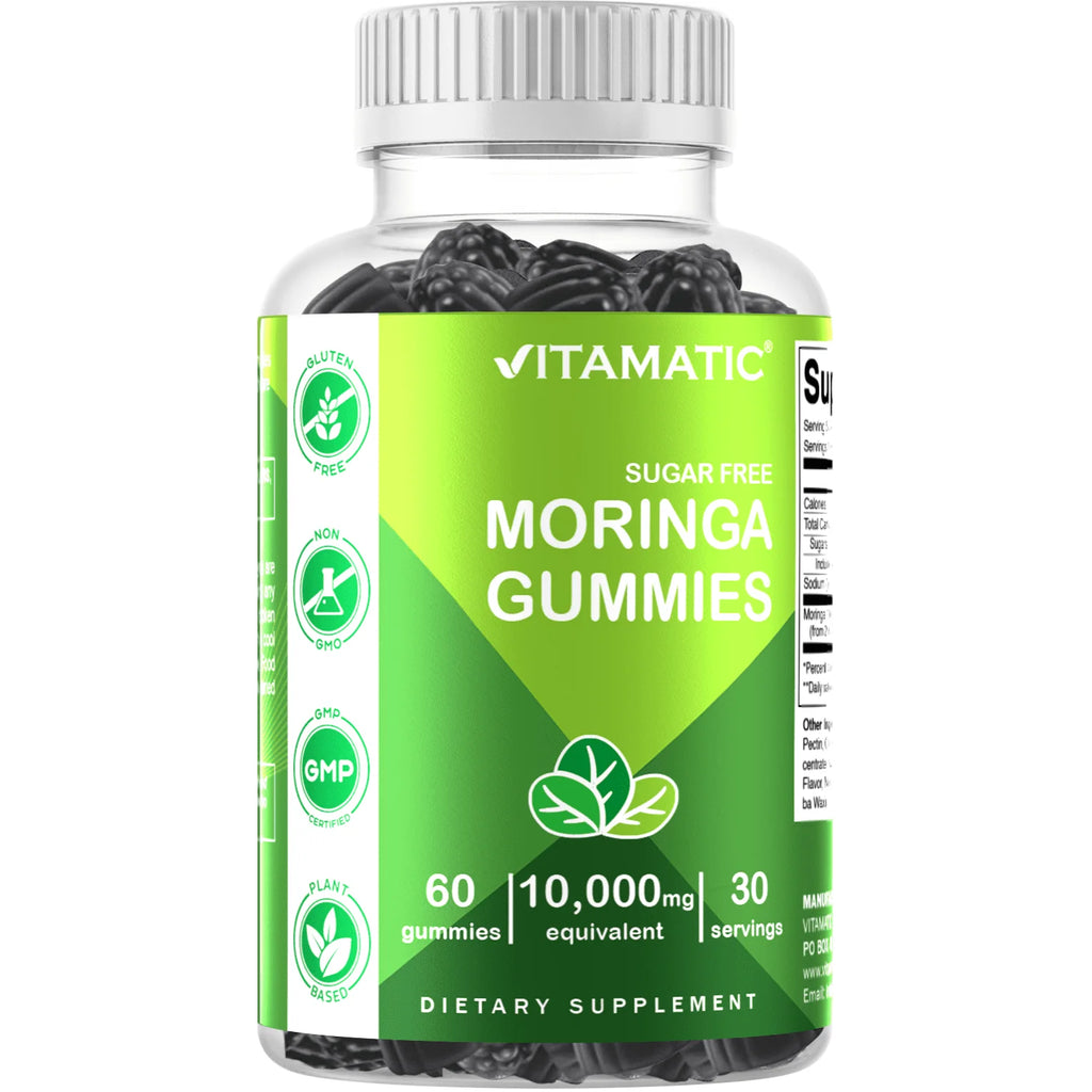 Sugar Free Moringa Gummies - 10000 Mg Equivalent per Serving - Complete Green Superfood - 60 Pectin Based Gummies