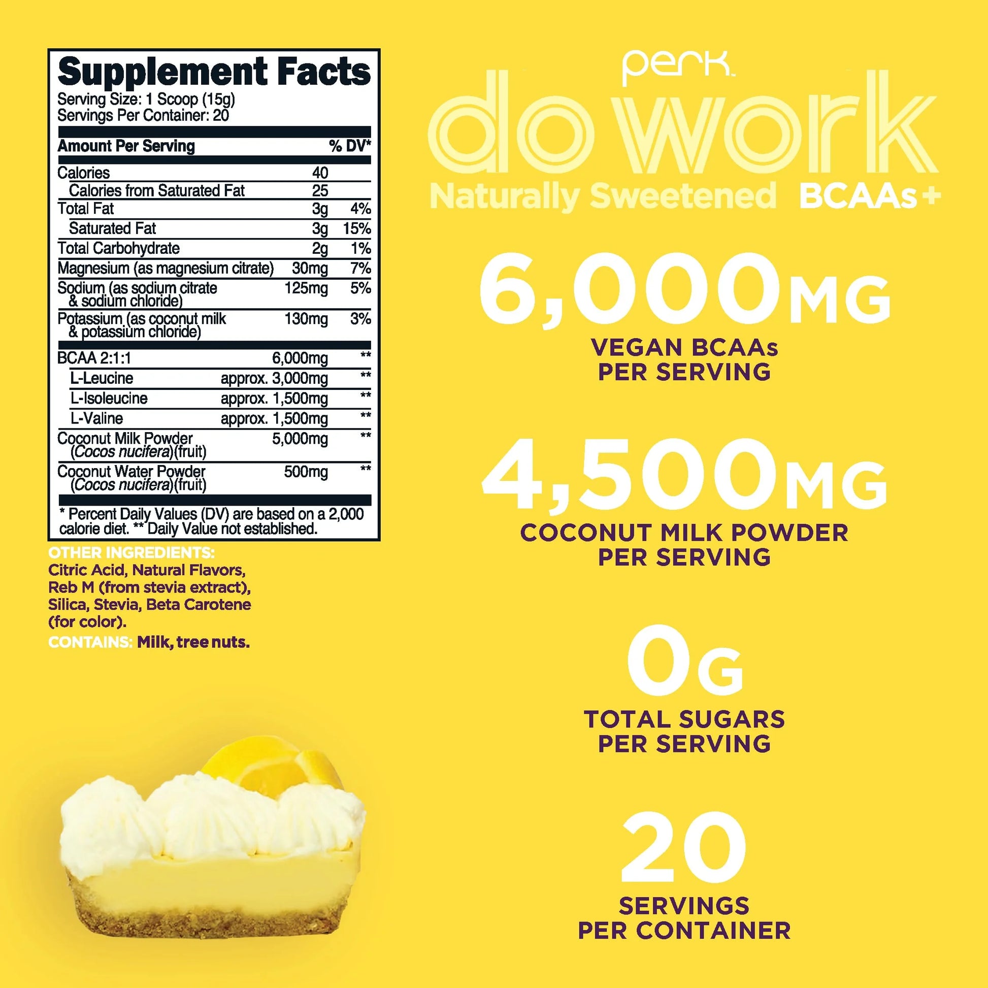 Do Work Bcaas + Hydration Electrolytes Powder (Naturally Sweetened Lemon Tart Flavored, 20 Servings) - with Coconut Water & Coconut Milk