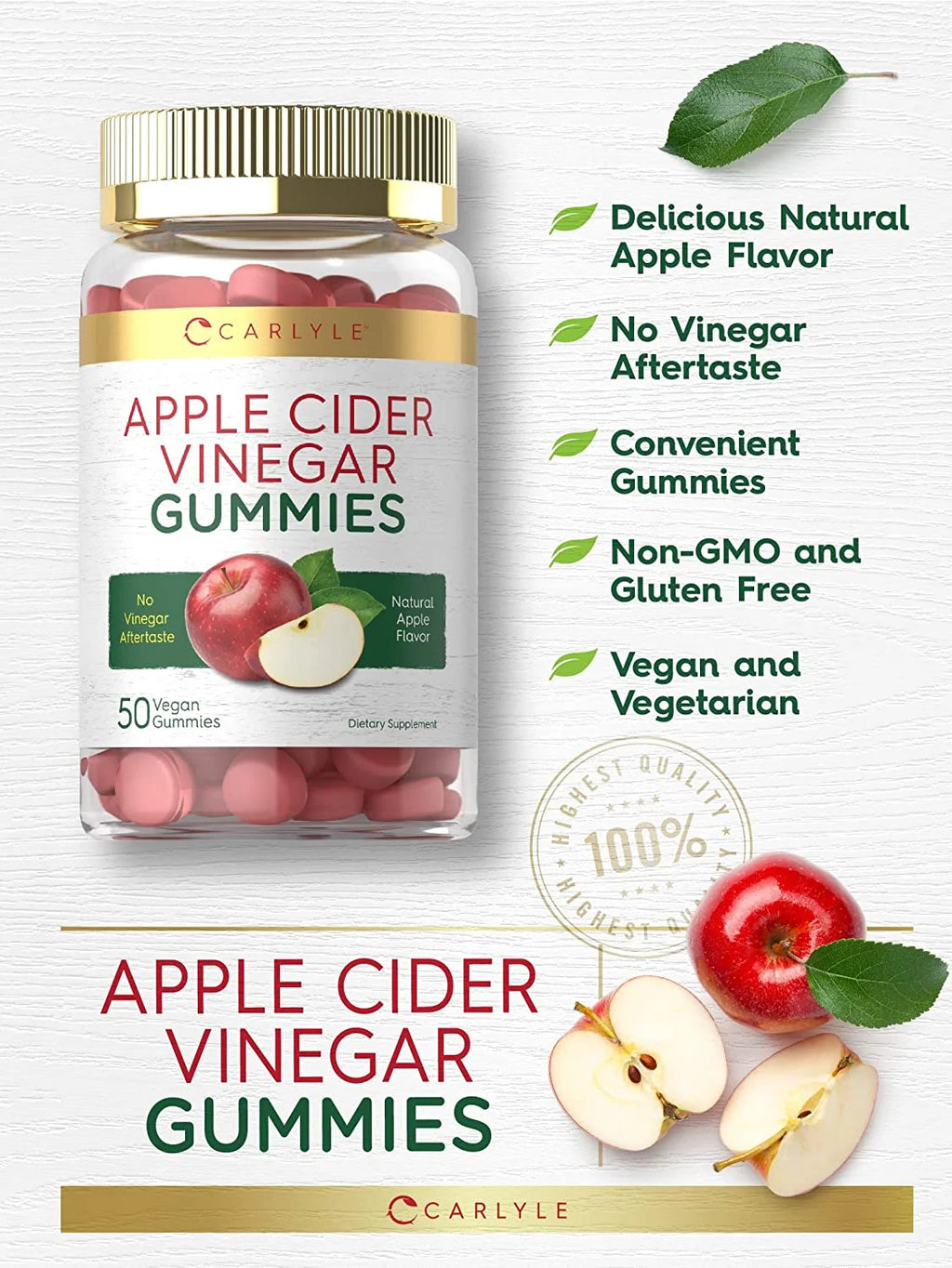 Vegan Apple Cider Vinegar Gummies | 50 Count | Apple Flavor for Men and Women | by