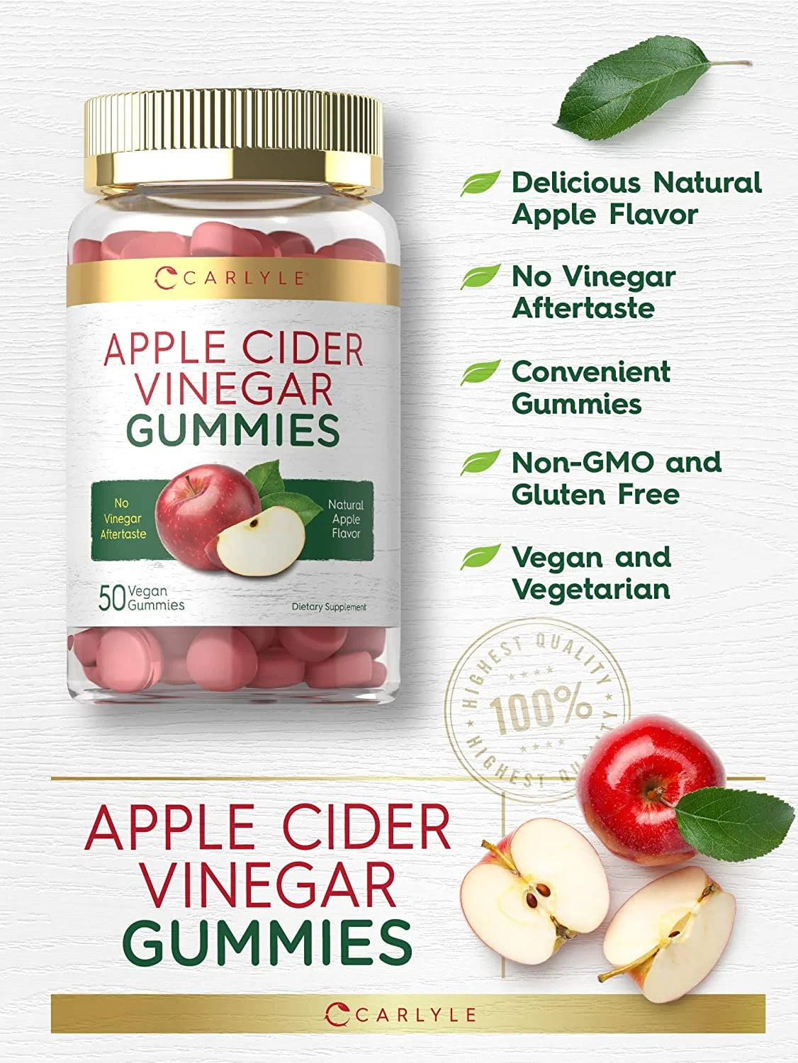 Vegan Apple Cider Vinegar Gummies | 50 Count | Apple Flavor for Men and Women | by