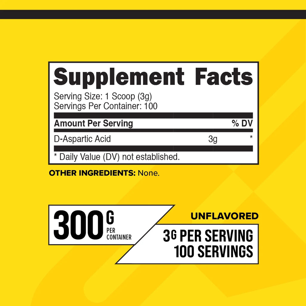 D-Aspartic Acid 300 Grams (100 Servings), Unflavored, Vegetarian, Non-Gmo