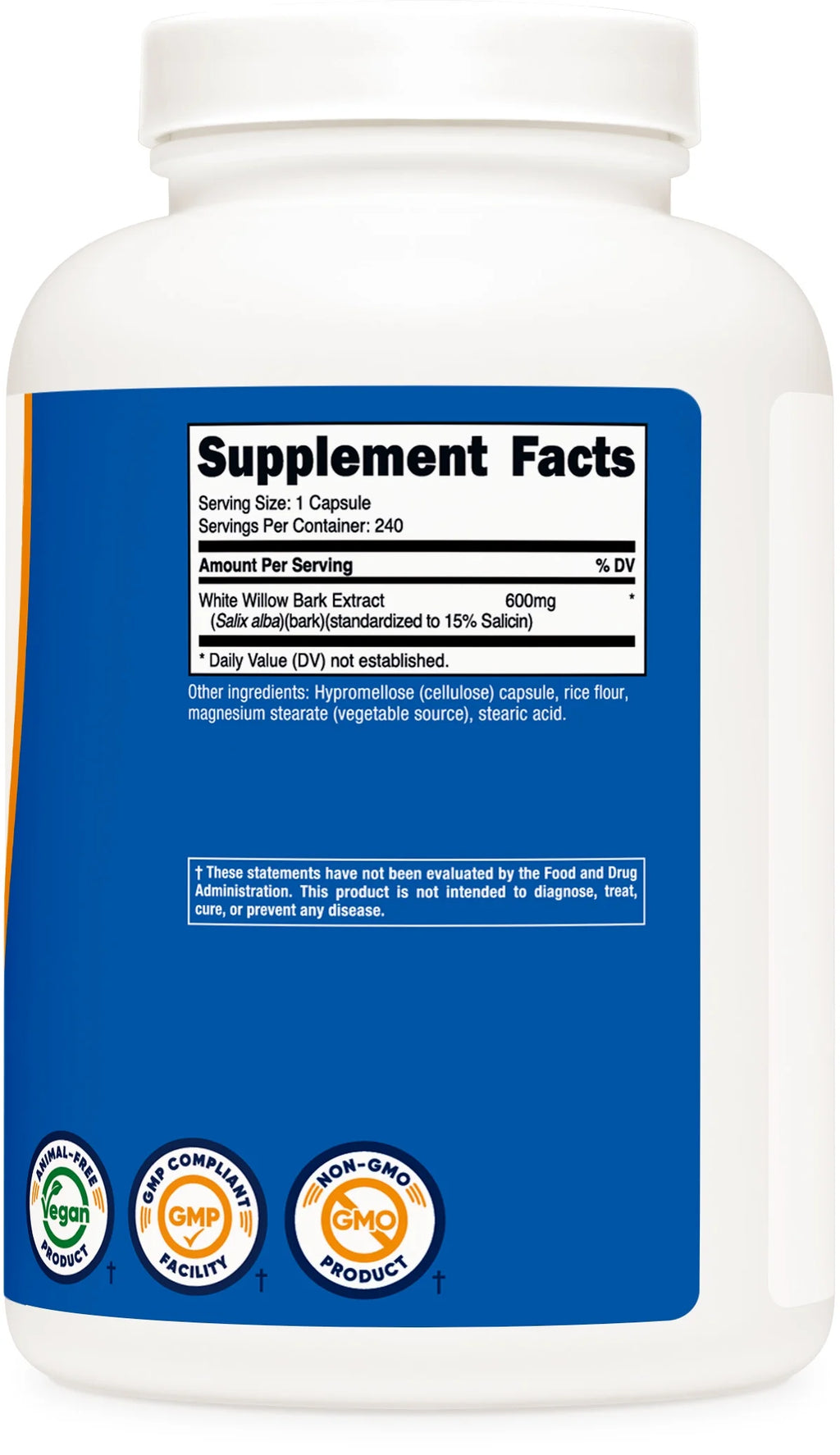 White Willow Bark 600Mg, 240 Capsules - Non-Gmo, Gluten Free, Supplement