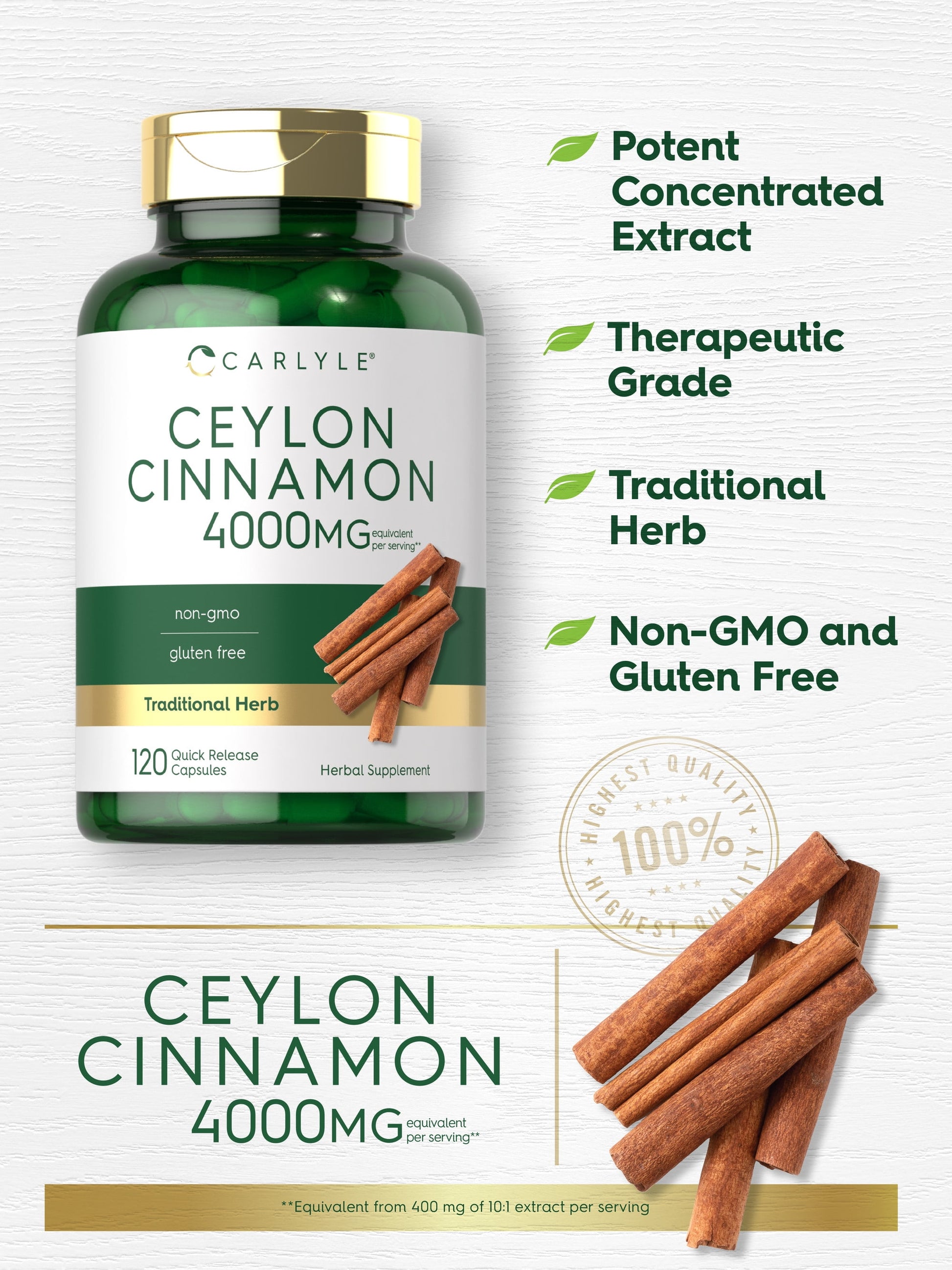 Ceylon Cinnamon Capsules | 4000Mg | 120 Count | Non-Gmo and Gluten Free | by