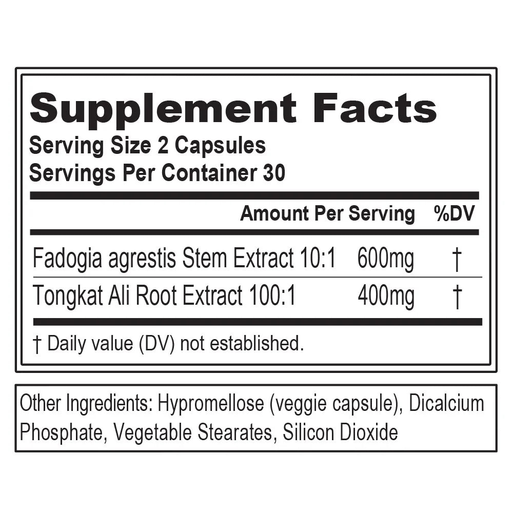 Tongkat Ali + Fadogia Agrestis - Men’S Health + Vitality Support - 400Mg Tongkat Ali + 600Mg Fadogia Agrestis Stem Extract - Testosterone Booster - Veggie Capsules - 30 Servings