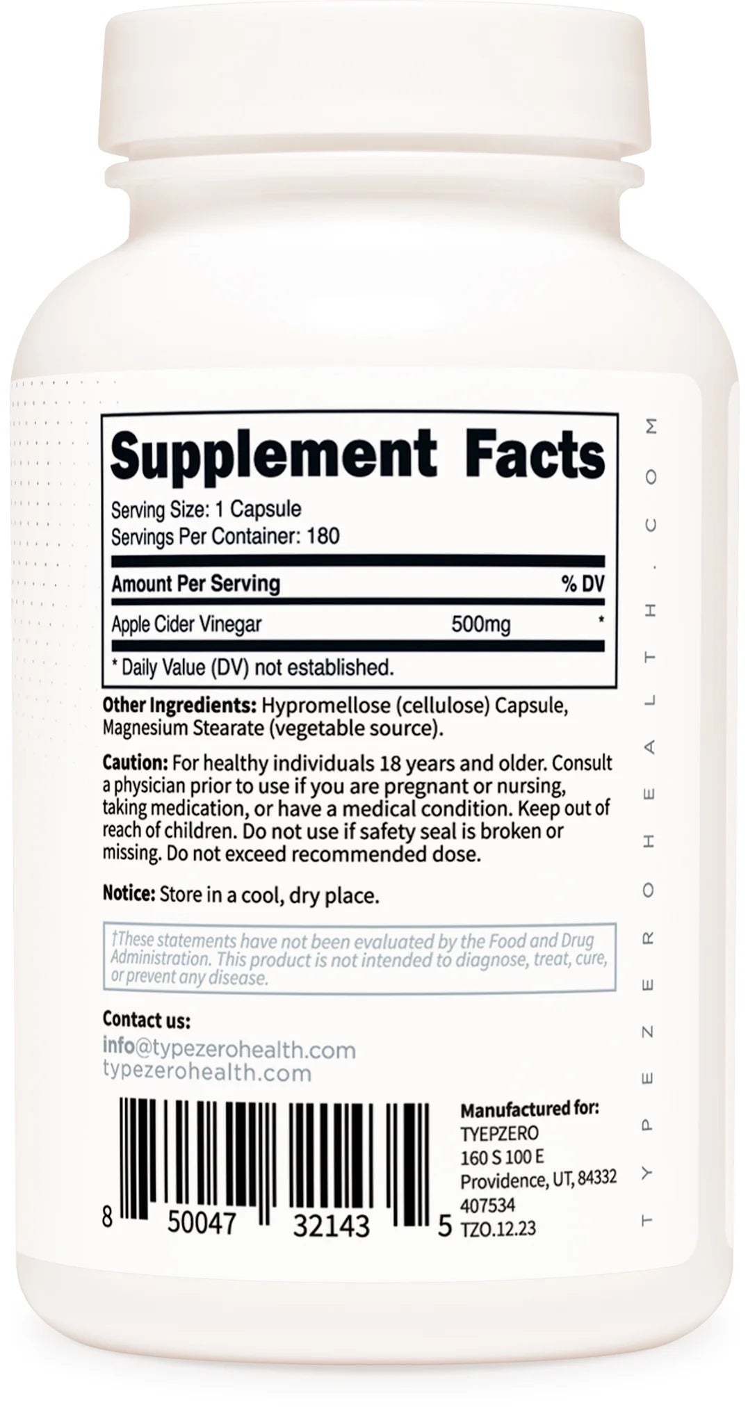 Apple Cider Vinegar Capsules (180 Count) 500Mg per Serving - Non-Gmo, Gluten-Free Supplement