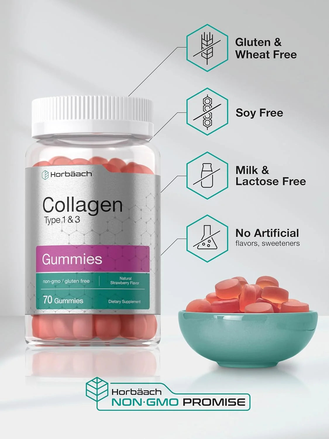 Collagen Gummies | 70 Count | Strawberry Flavored | Hydrolyzed Collagen Type 1 and 3 | by