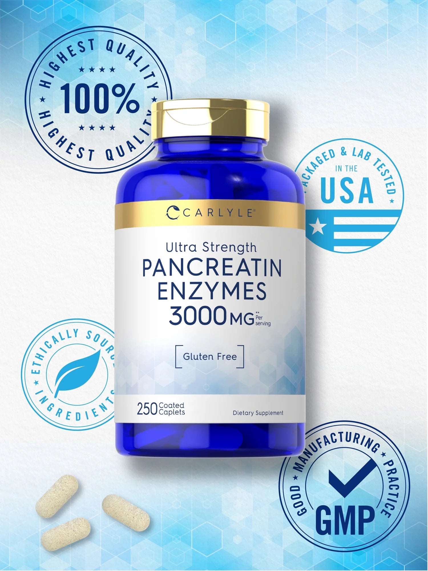 Pancreatin Digestive Enzymes | 3000Mg | 250 Caplets | by