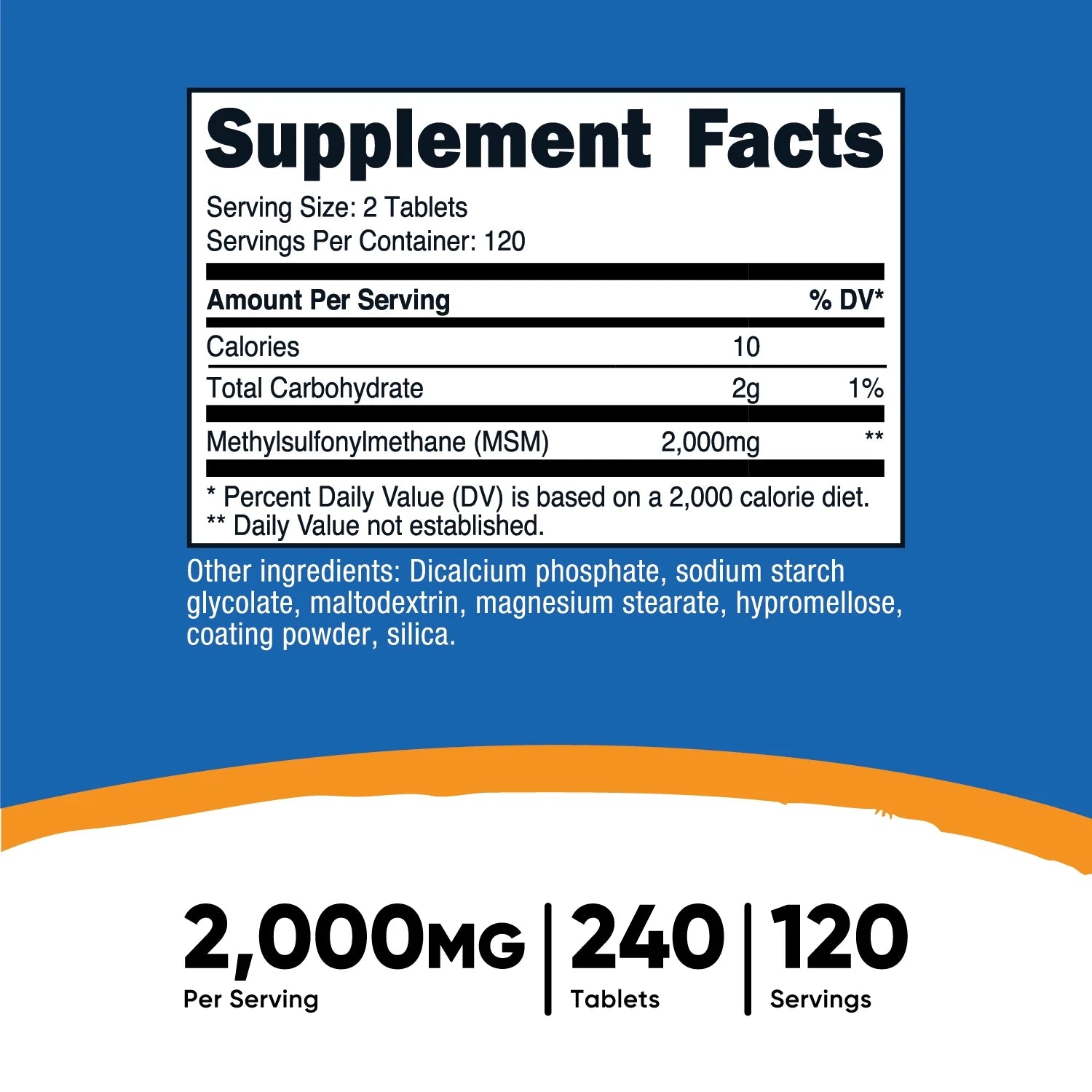 MSM Tablets (Methylsulfonylmethane) 2000Mg, 120 Servings - Non-Gmo Supplement