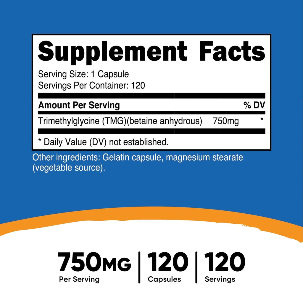 Trimethylglycine (TMG) 750Mg, 120 Capsules - Non-Gmo Supplement