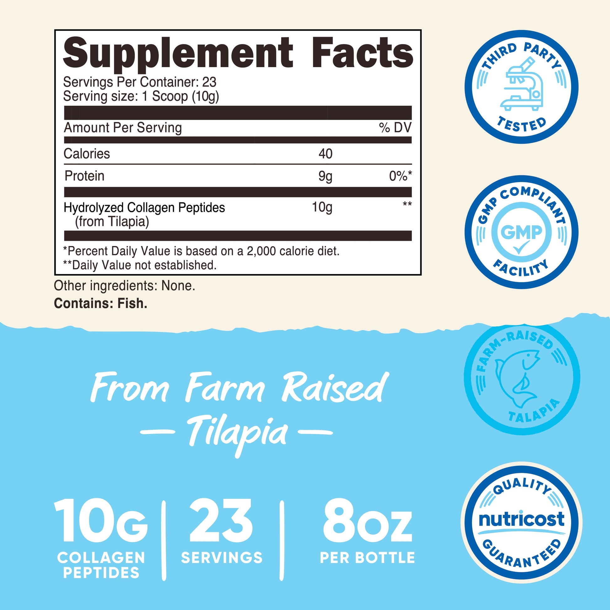 Marine Collagen Powder Farm Raised Fish (Unflavored) (8 Oz) - 23 Servings, 9 G Protein per Serving, Non-Gmo, GMP Compliant