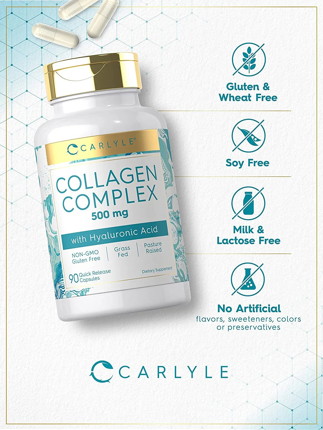 Collagen with Hyaluronic Acid 500Mg | 90 Capsules | Hydrolyzed Collagen Supplement | Non-Gmo, Gluten Free | by