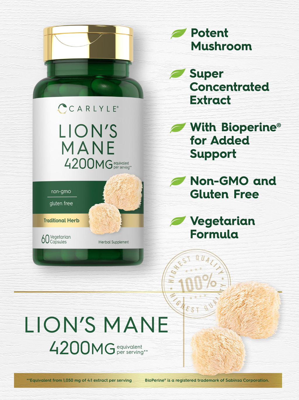 Lions Mane Supplement Capsules | 4200Mg | 60 Count | Vegetarian, Non-Gmo & Gluten Free | by