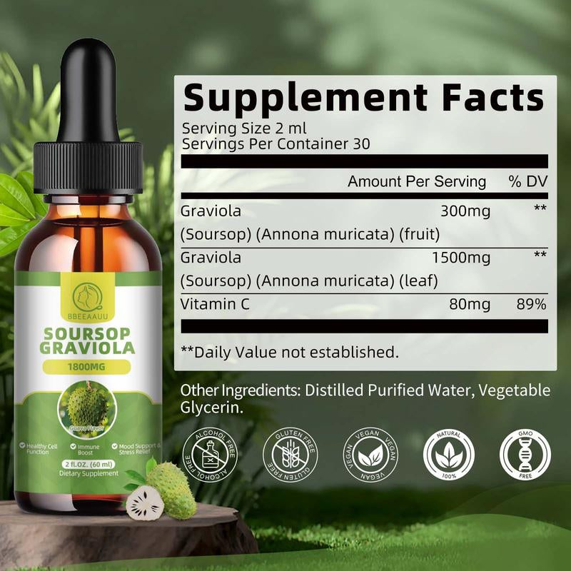 Soursop Herbal Drops Multivitamin, 60Ml, 2 Fl Oz, Organic Soursop Leaf Extract Soursop Oil, Soursop Bitters Liquid, Vitamin, Dietary Fiber