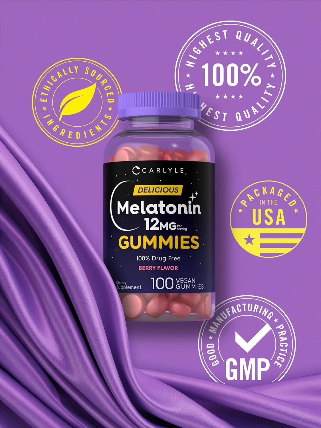 Melatonin 12Mg | 100 Vegan Gummies | Berry Flavor | for Men and Women | by