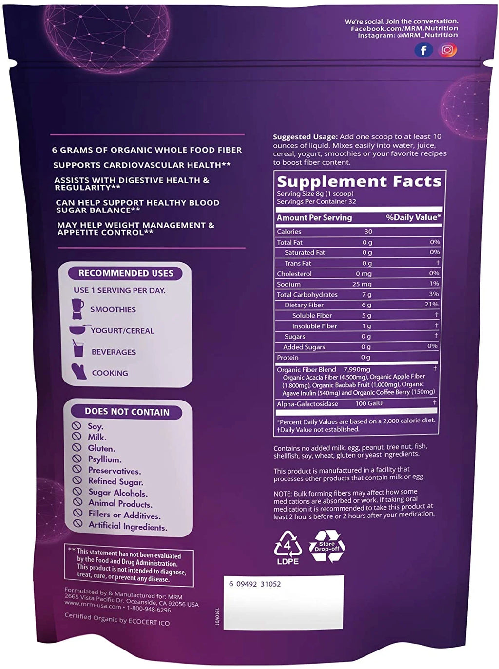 - Whole Food Organic Fiber with Enzymes & Prebiotics Unflavored - 9.03 Oz.