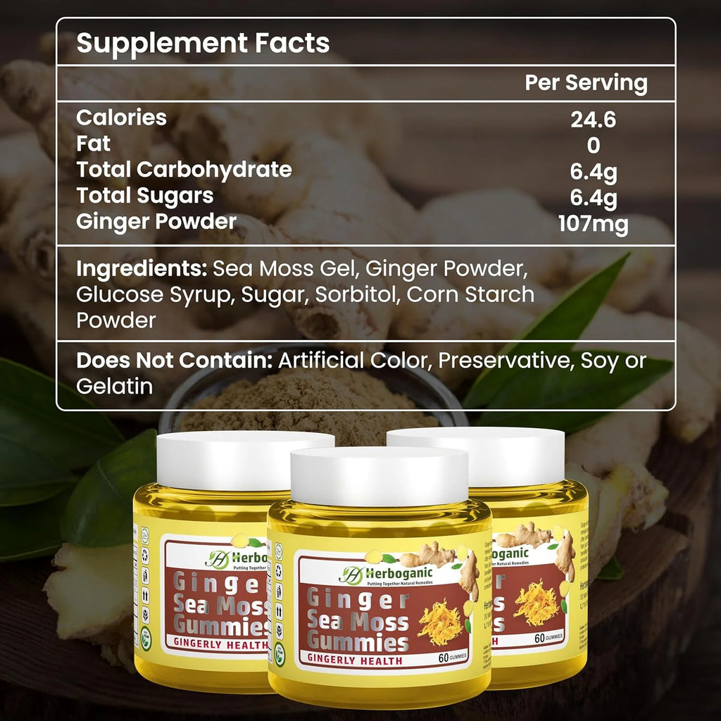 Ginger Sea Moss Gummies - Immune & Digestive Support, Gluten-Free & Vegan - 60 Count