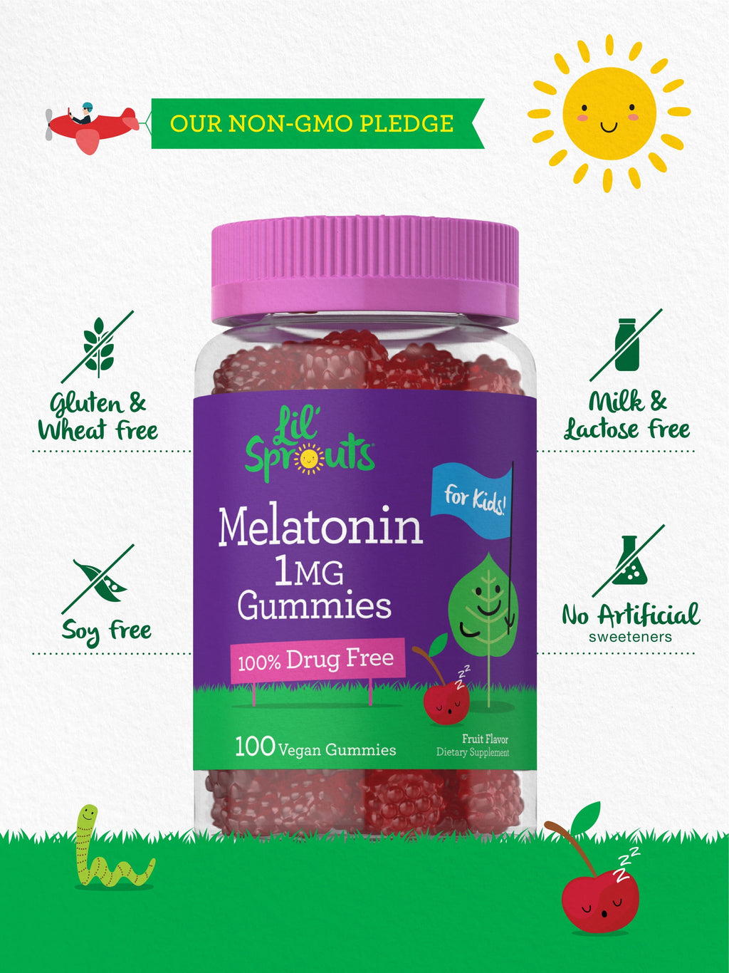 Kids Melatonin Gummies | 1 Mg 100 Count | Fruit Flavor Gummy | Vegan, Non-Gmo, Gluten Free | Lil Sprouts by
