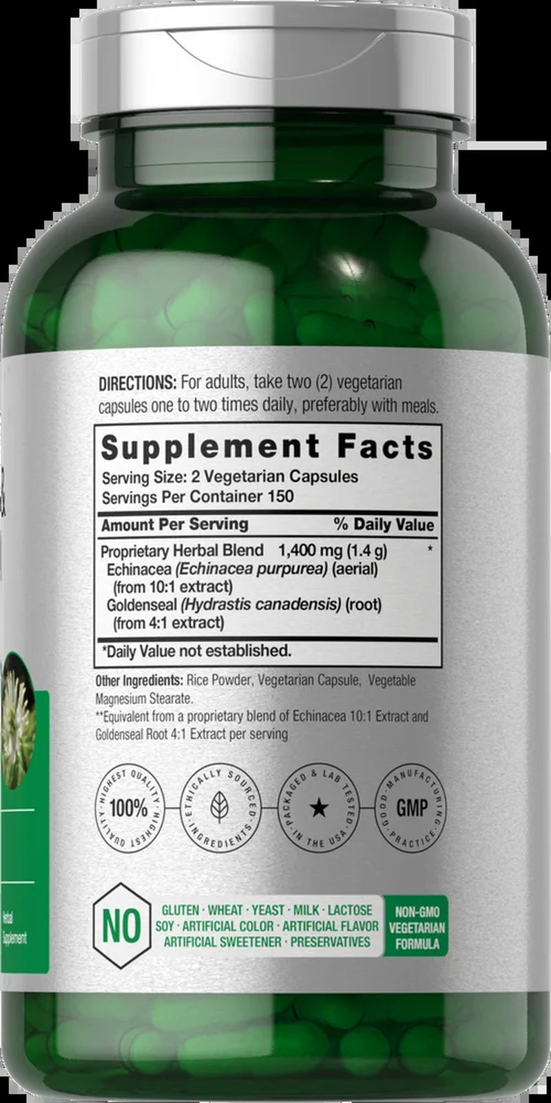 Echinacea Goldenseal Extract | 1400Mg | 300 Vegetarian Capsules | by