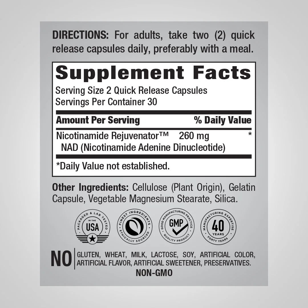 NAD Supplement | Nicotinamide Adenine Dinucleotide 260Mg | 60 Quick Release Capsules | by