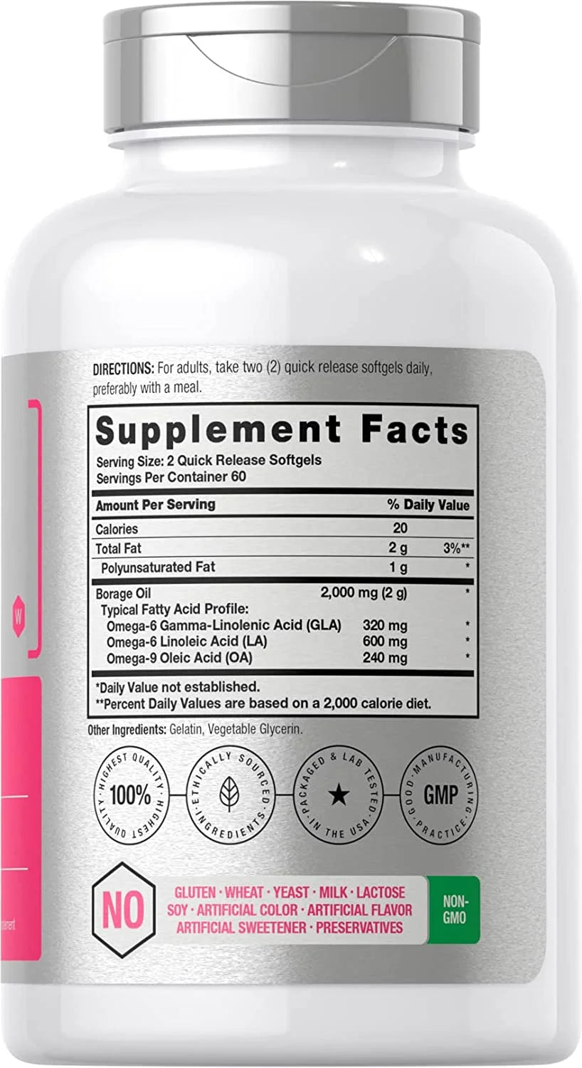 Borage Oil Capsules 2000 Mg | 120 Softgels | 380Mg of GLA | by