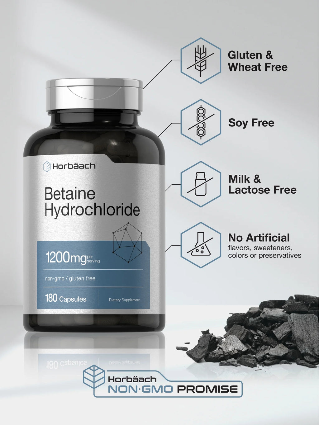 Betaine Hcl 1200Mg | 180 Capsules | Betaine Hydrochloride | by