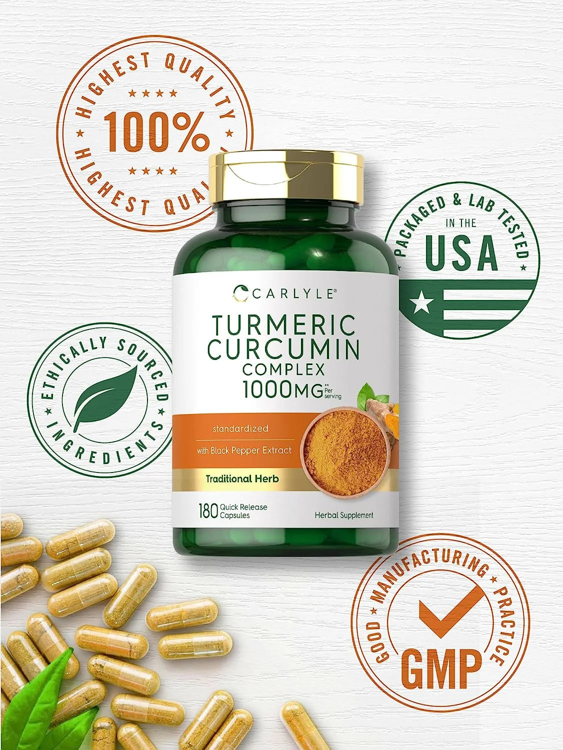 Turmeric Curcumin with Black Pepper 1000Mg | 180 Capsules for Men and Women | by