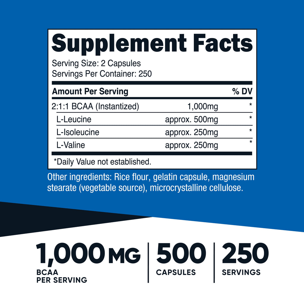 BCAA 1000Mg, 500 Capsules (250 Serv), Branched Chain Amino Acids