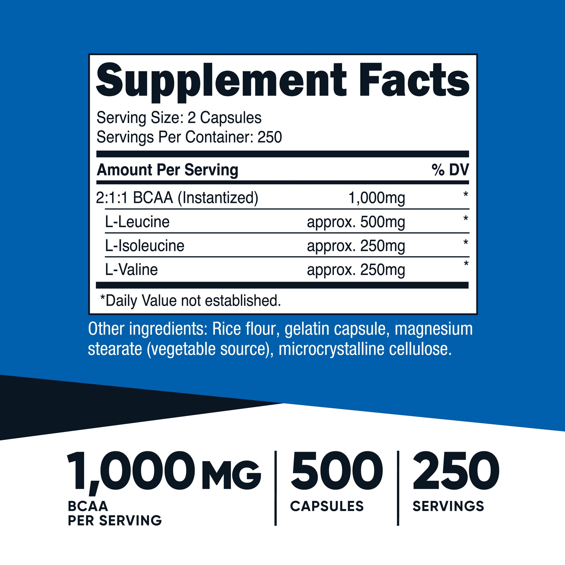 BCAA 1000Mg, 500 Capsules (250 Serv), Branched Chain Amino Acids