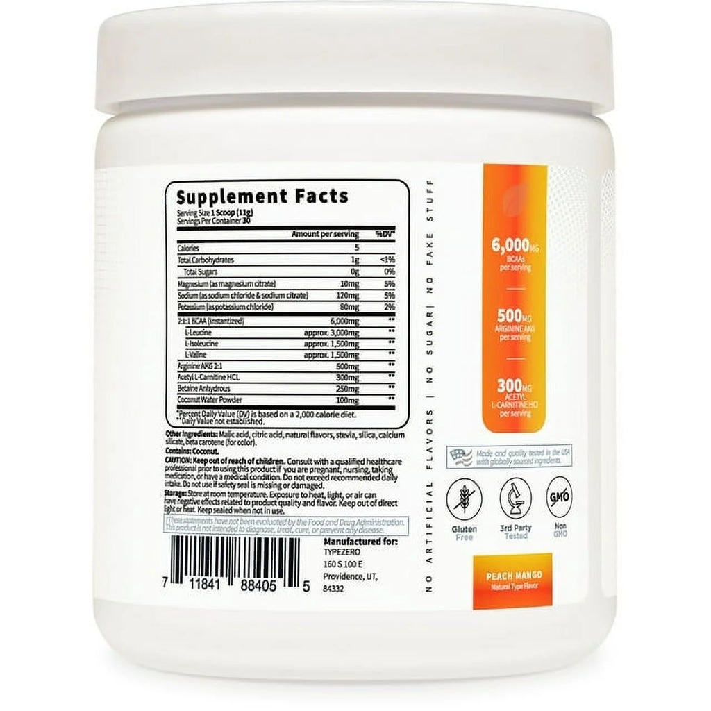 Clean Vegan BCAA Powder + Electrolytes (Peach Mango) (30 Servings) - Sugar-Free Amino Acid Supplement for Women and Men - Post Workout Recovery Drink with Stevia