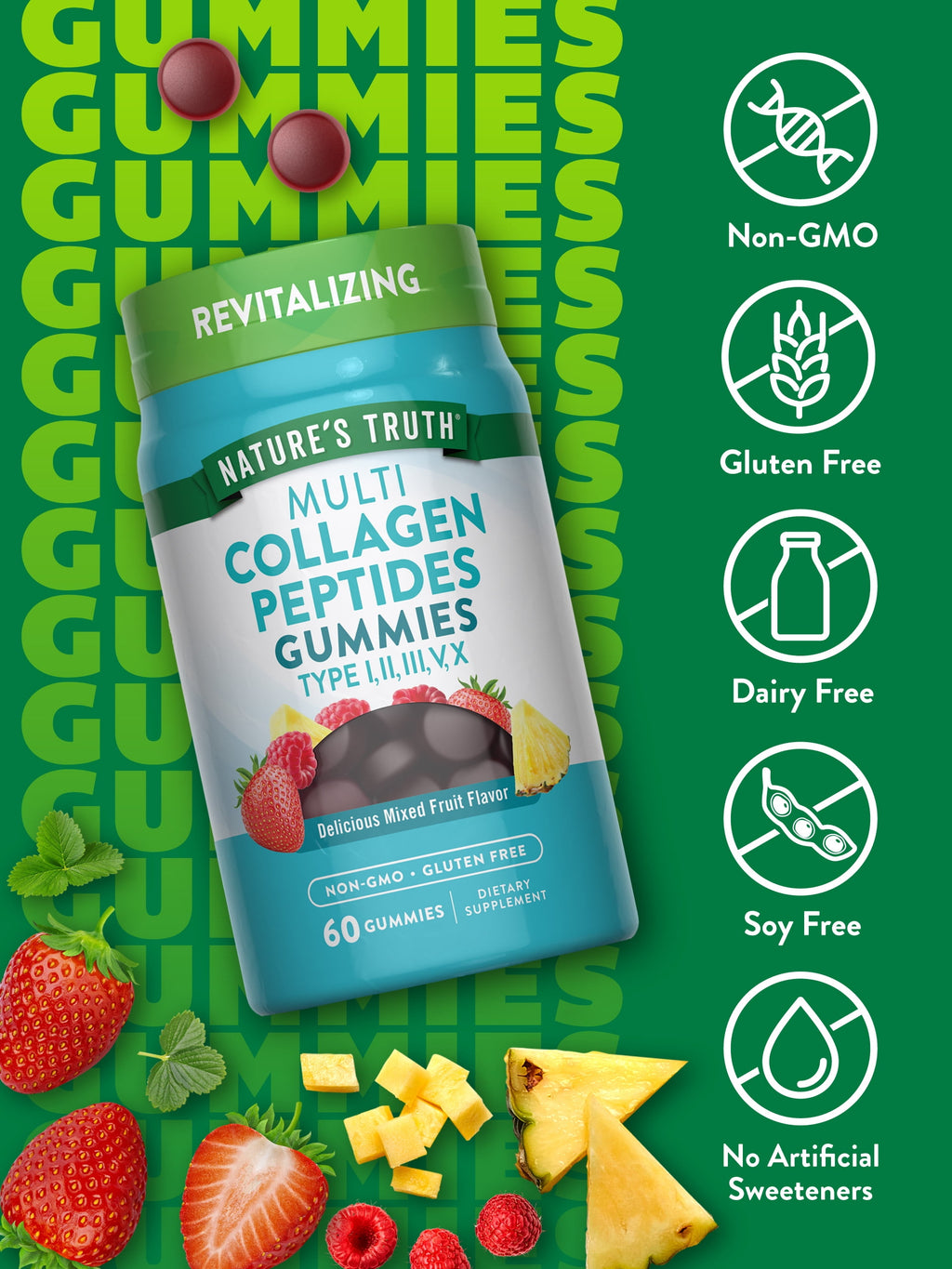 Natural Mixed Fruit Flavor Multi Collagen 60 Gummies