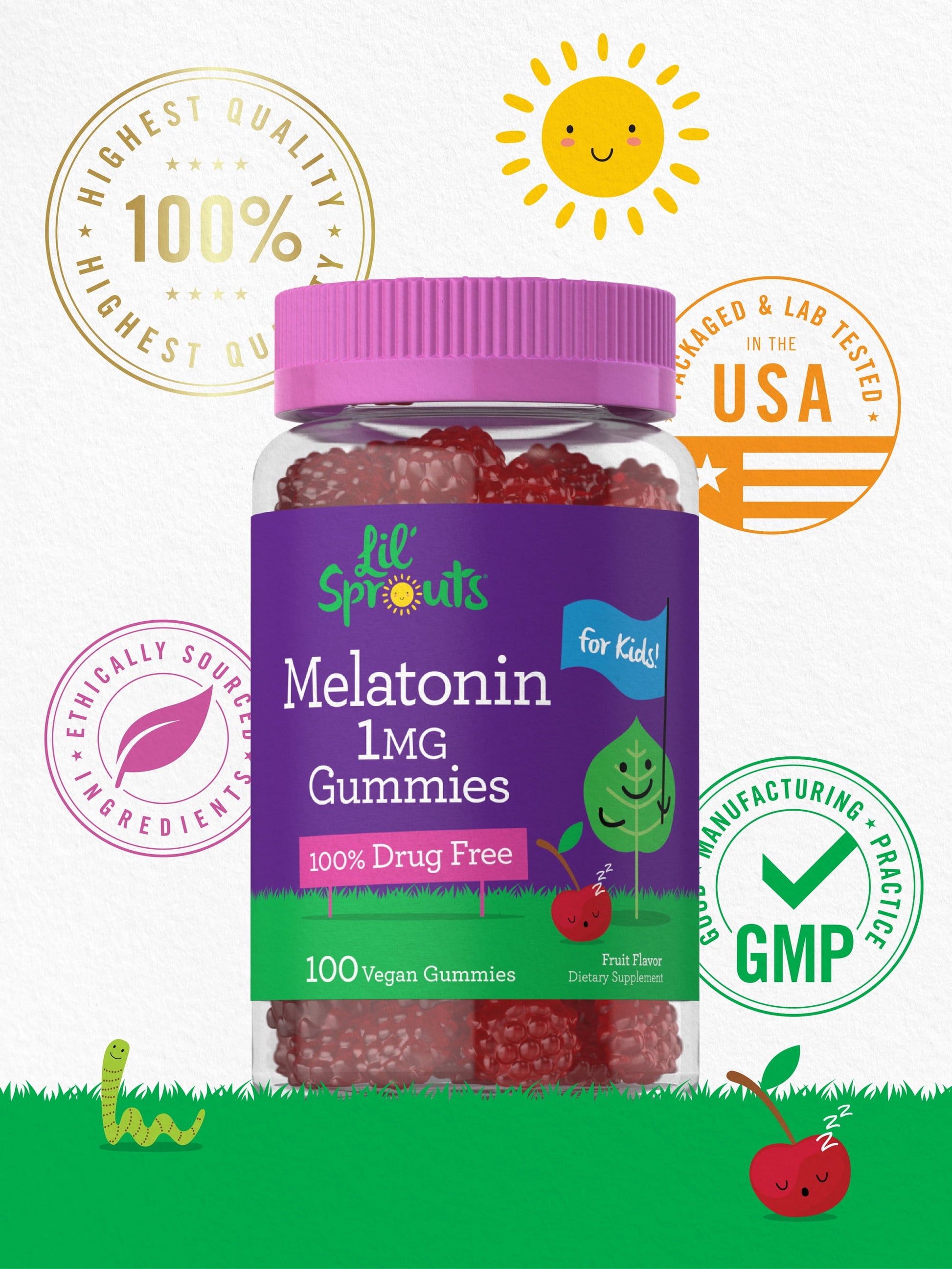 Kids Melatonin Gummies | 1 Mg 100 Count | Fruit Flavor Gummy | Vegan, Non-Gmo, Gluten Free | Lil Sprouts by
