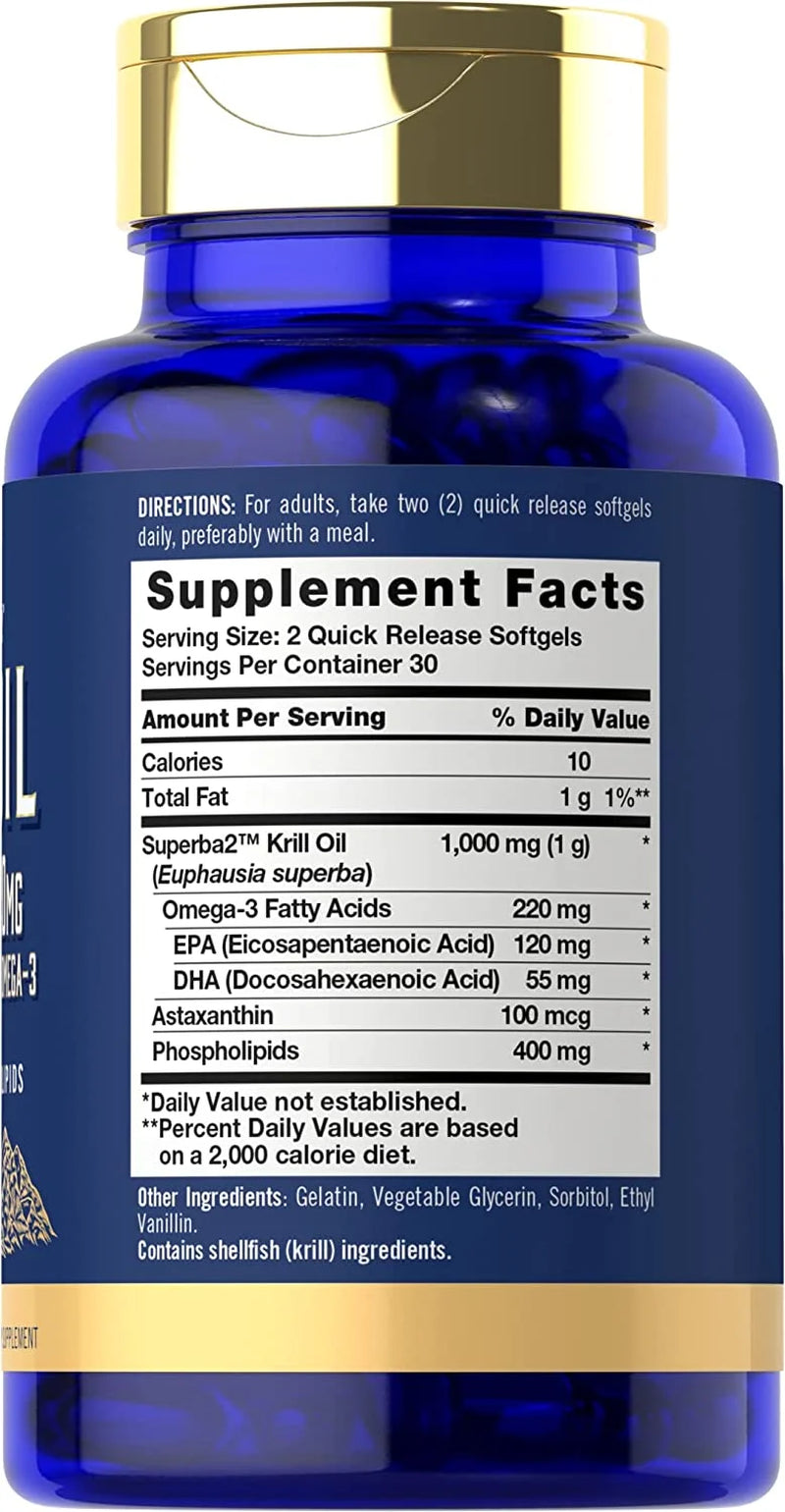 Antarctic Krill Oil 1000Mg Softgels | 60 Count | Superba Krill Oil Supplement | Omega 3, EPA, DHA, Phospholipids