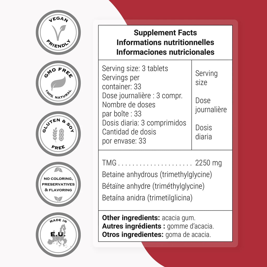 - TMG Supplement 2250 Mg per Day (Trimethylglycine) - Betaine Anhydrous | Non-Gmo & Gluten Free - 100 Tablets