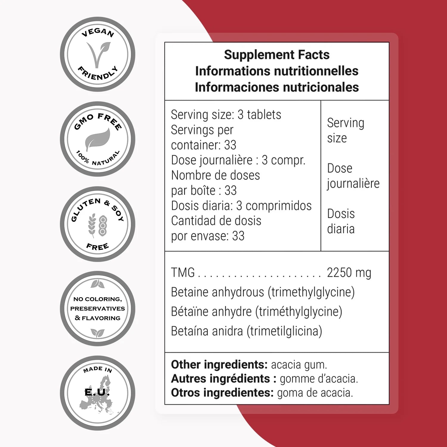 - TMG Supplement 2250 Mg per Day (Trimethylglycine) - Betaine Anhydrous | Non-Gmo & Gluten Free - 100 Tablets