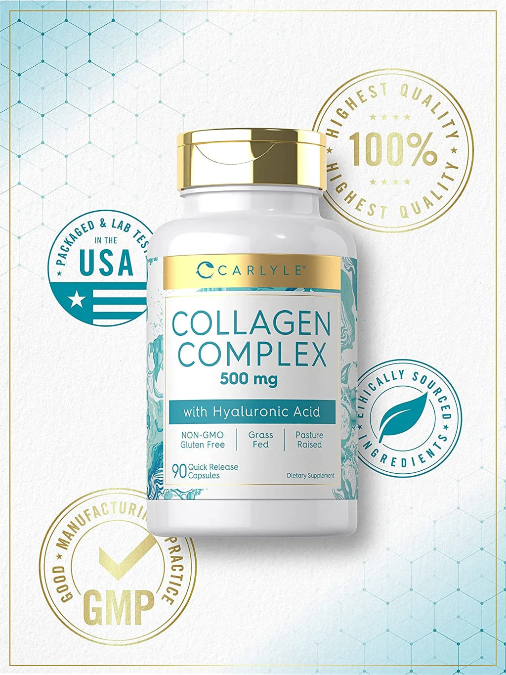 Collagen with Hyaluronic Acid 500Mg | 90 Capsules | Hydrolyzed Collagen Supplement | Non-Gmo, Gluten Free | by