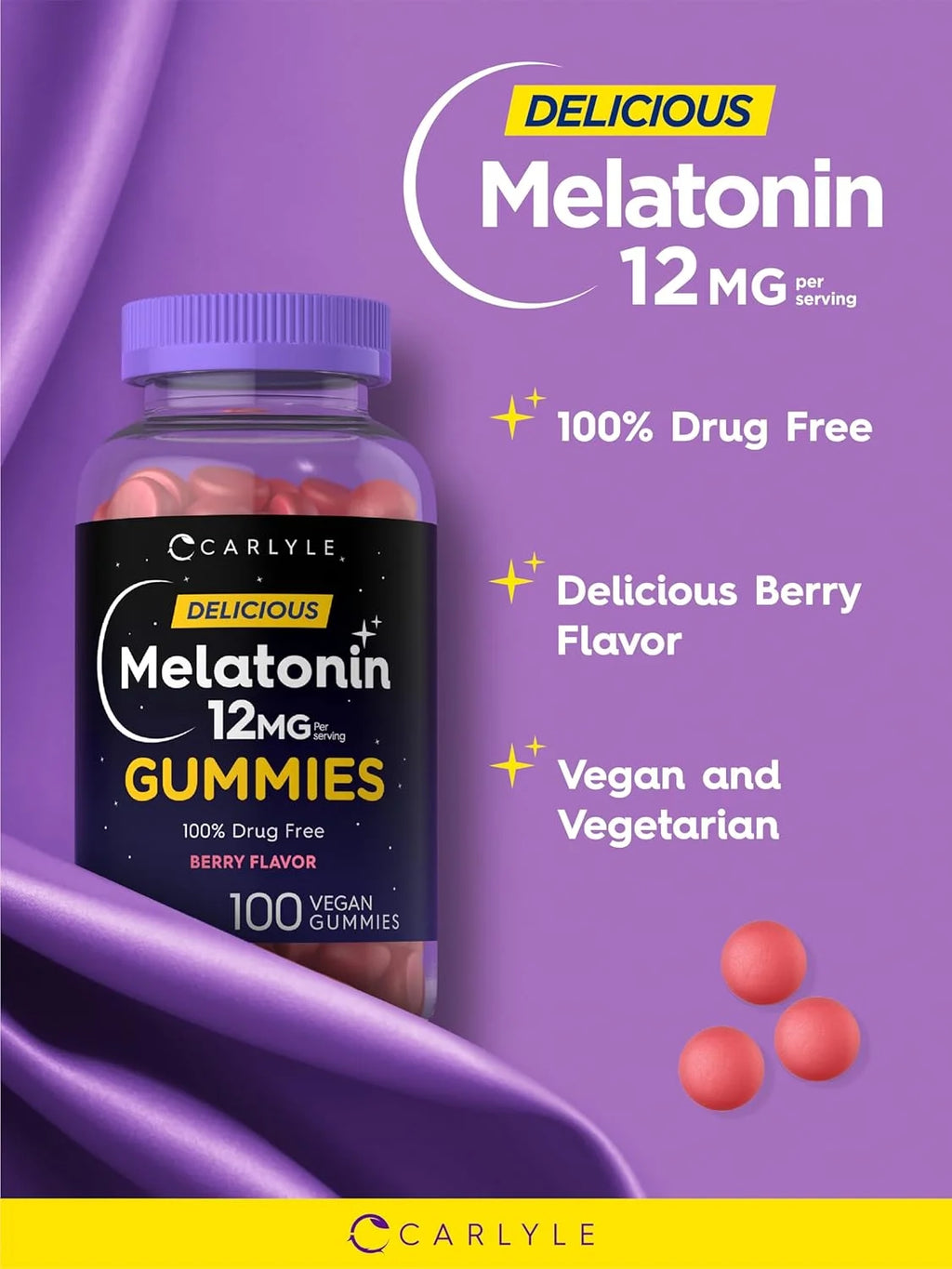 Melatonin 12Mg | 100 Vegan Gummies | Berry Flavor | for Men and Women | by