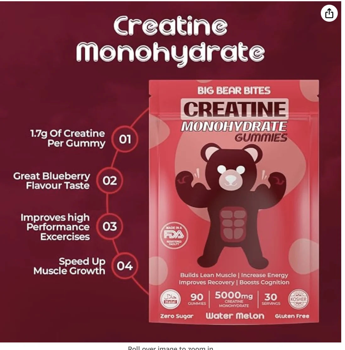 Creatine Monohydrate Gummies | 5000Mg of Creatine Gummies per Serving | Sugar Free Gummies, Gluten Free & Halal | Pack of 90 Pre Workout Gummies for Muscle Recovery | Watermelon Flavor