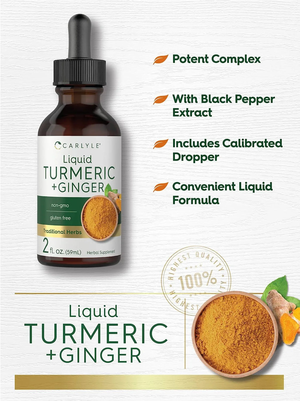 Liquid Turmeric and Ginger Supplement for Men and Women | 2 Fl Oz | with Black Pepper | by